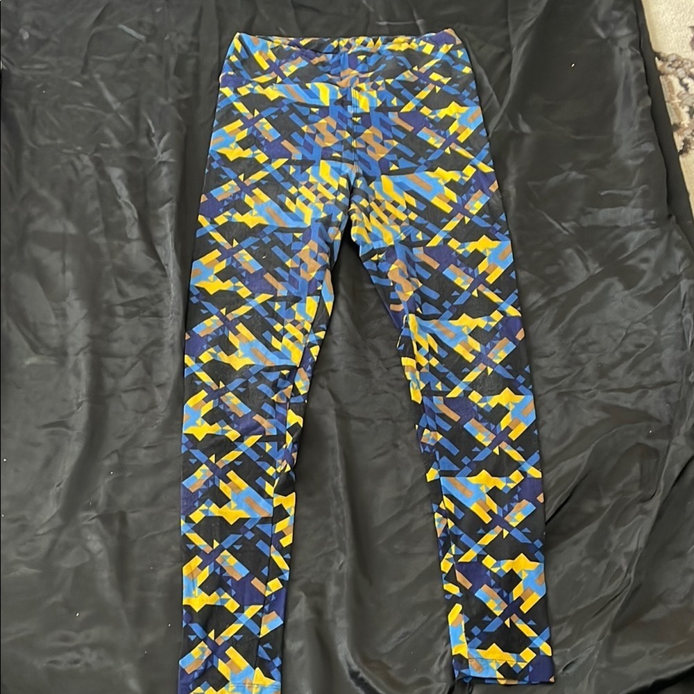 LuLaRoe Blue and Gold Leggings with Geometric Pattern